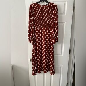 Zara Burgundy and White Polka Dot Long Sleeve Dress
